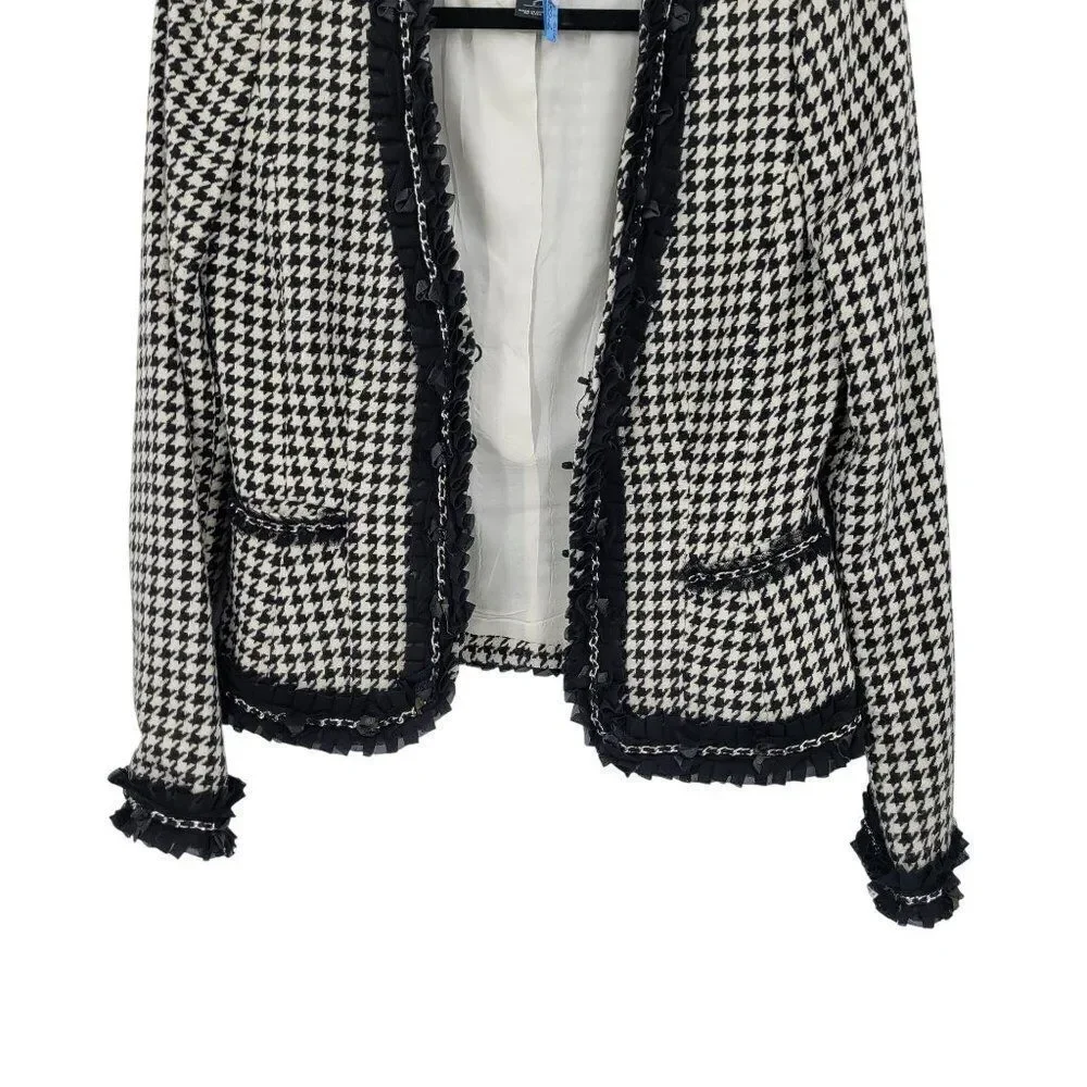 WHBM  Womens Wool Blend Houndstooth Blazer Sz‎ 2 Ruffle Chain Fringe Trim Black